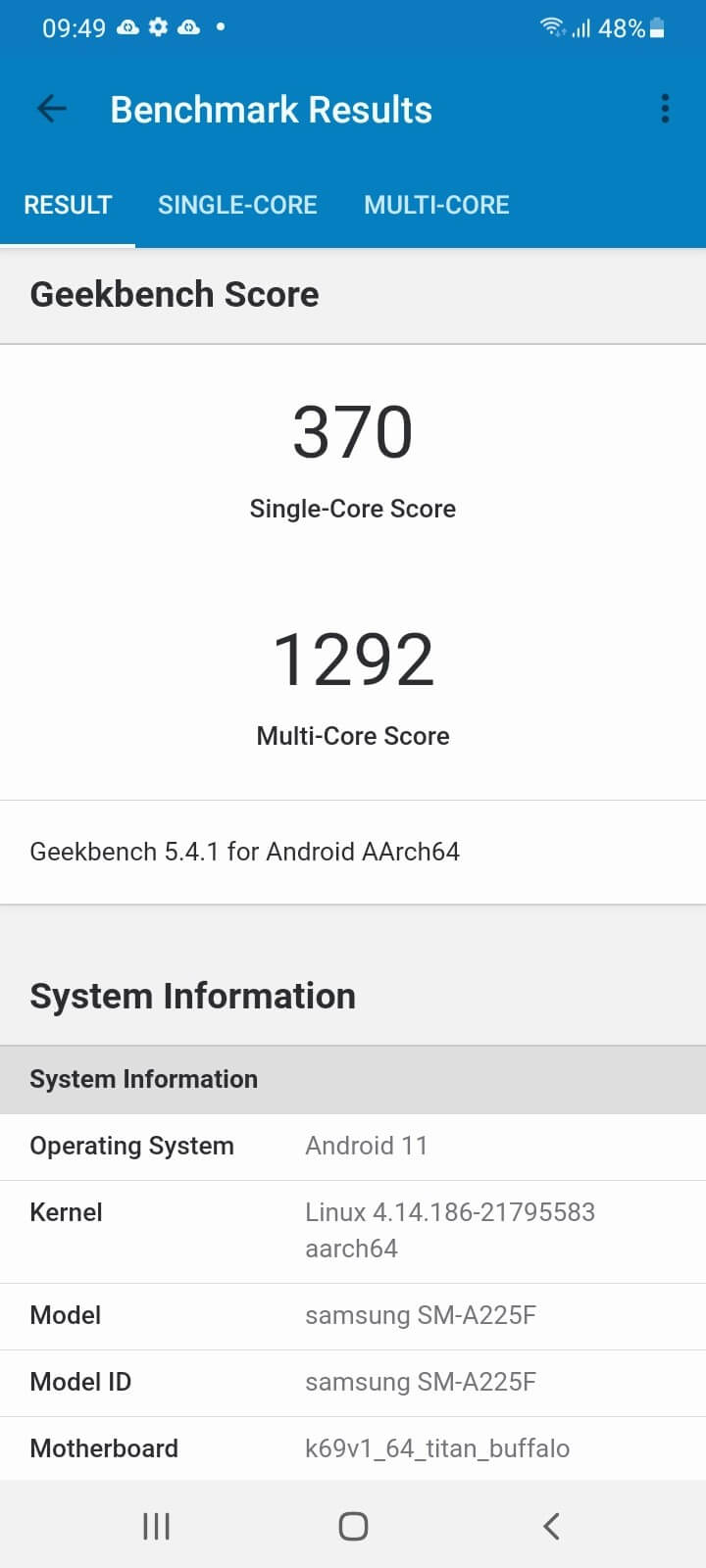 امتیاز گوشی A22 سامسونگ نسخه 4G در گیکبنچ چقدر است